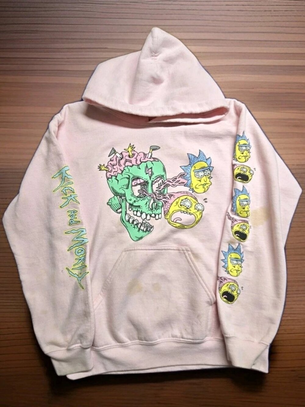 Rick and Morty Adult Swim Pink Graphic Hoodie Size Small Distressed Flawed